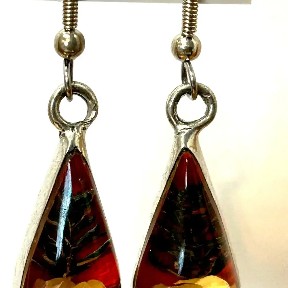 Vintage Dried Flower Resin Drop Sterling Bezel‎ Earrings